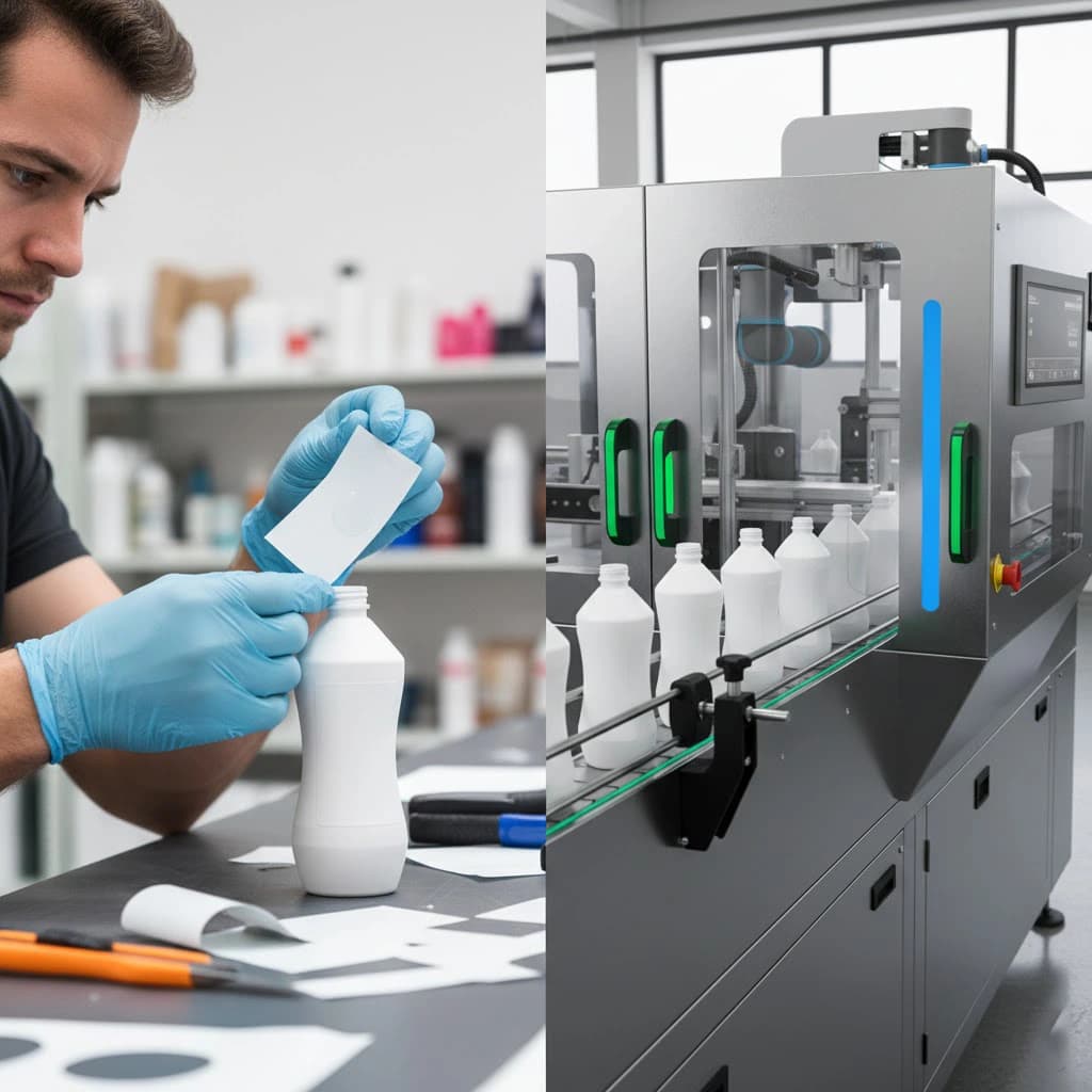 A comparison between manual sticker application
 and automated labeling systems.